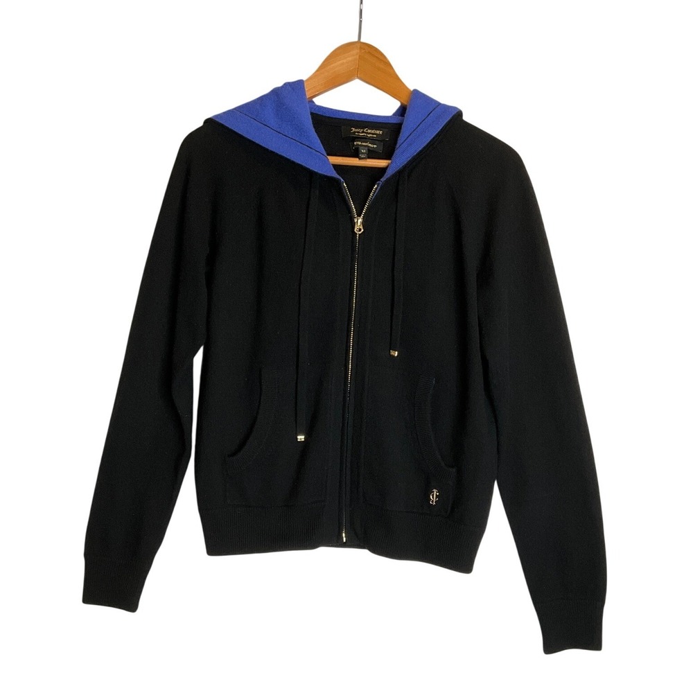 Juicy‎ Couture 100% Cashmere Zip Up Hoodie Black Pockets Loungewear Casual XS